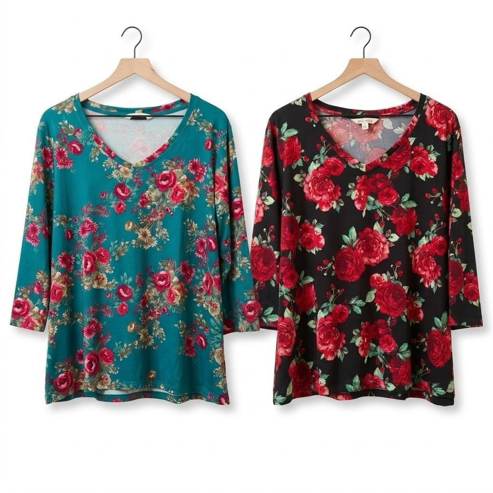 Lot Of 2 Pioneer Woman Women's XL Tops Floral V Neck 3/4 Sleeve Shirt Teal Black